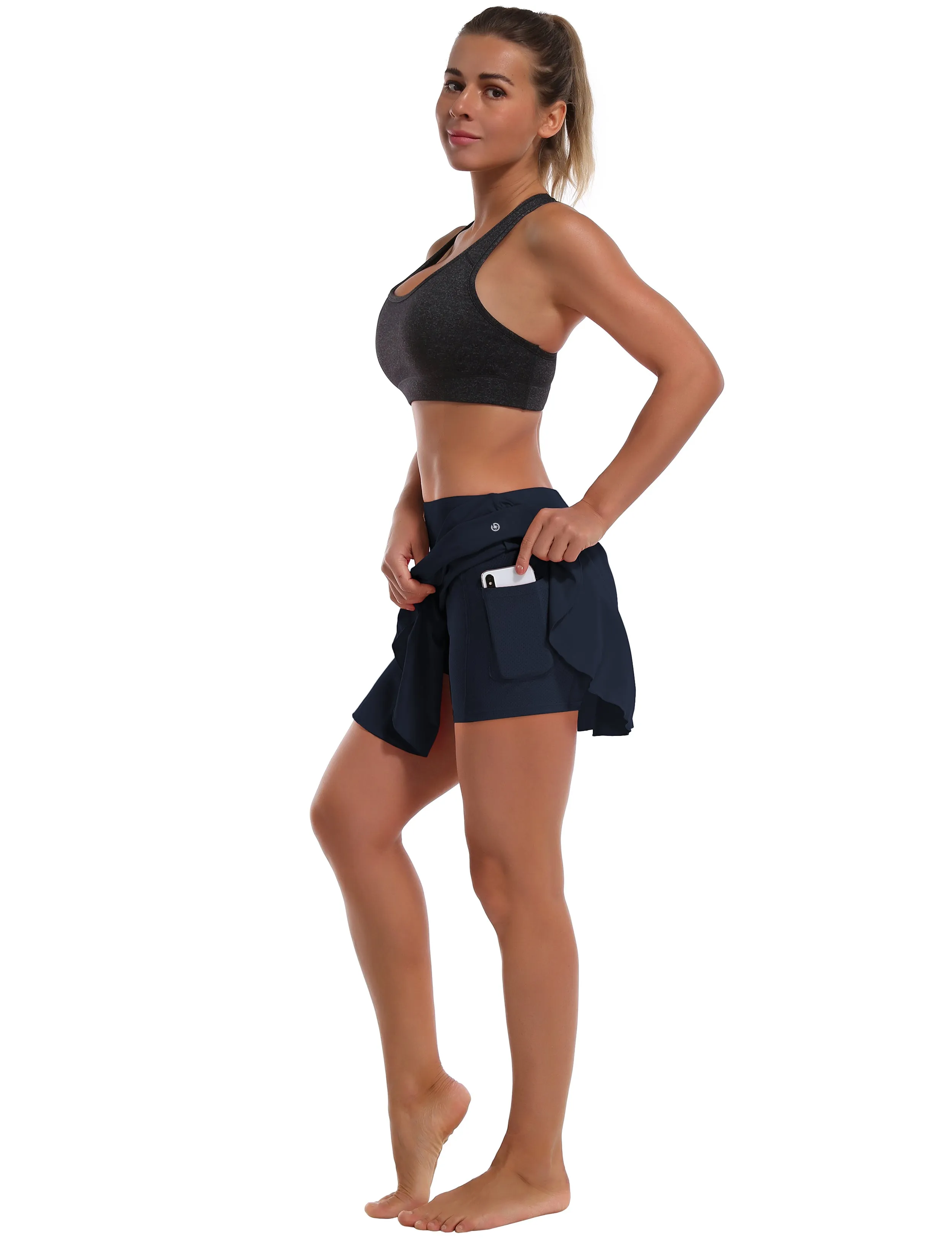 Athletic Tennis Golf Pleated Skort Awith Pocket Shorts darknavy ins_Tall Size