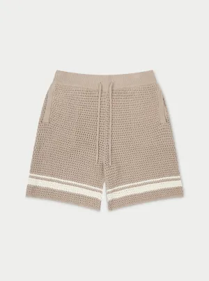 CROCHET KNITTED CONTRAST STRIPE SHORTS - BROWN