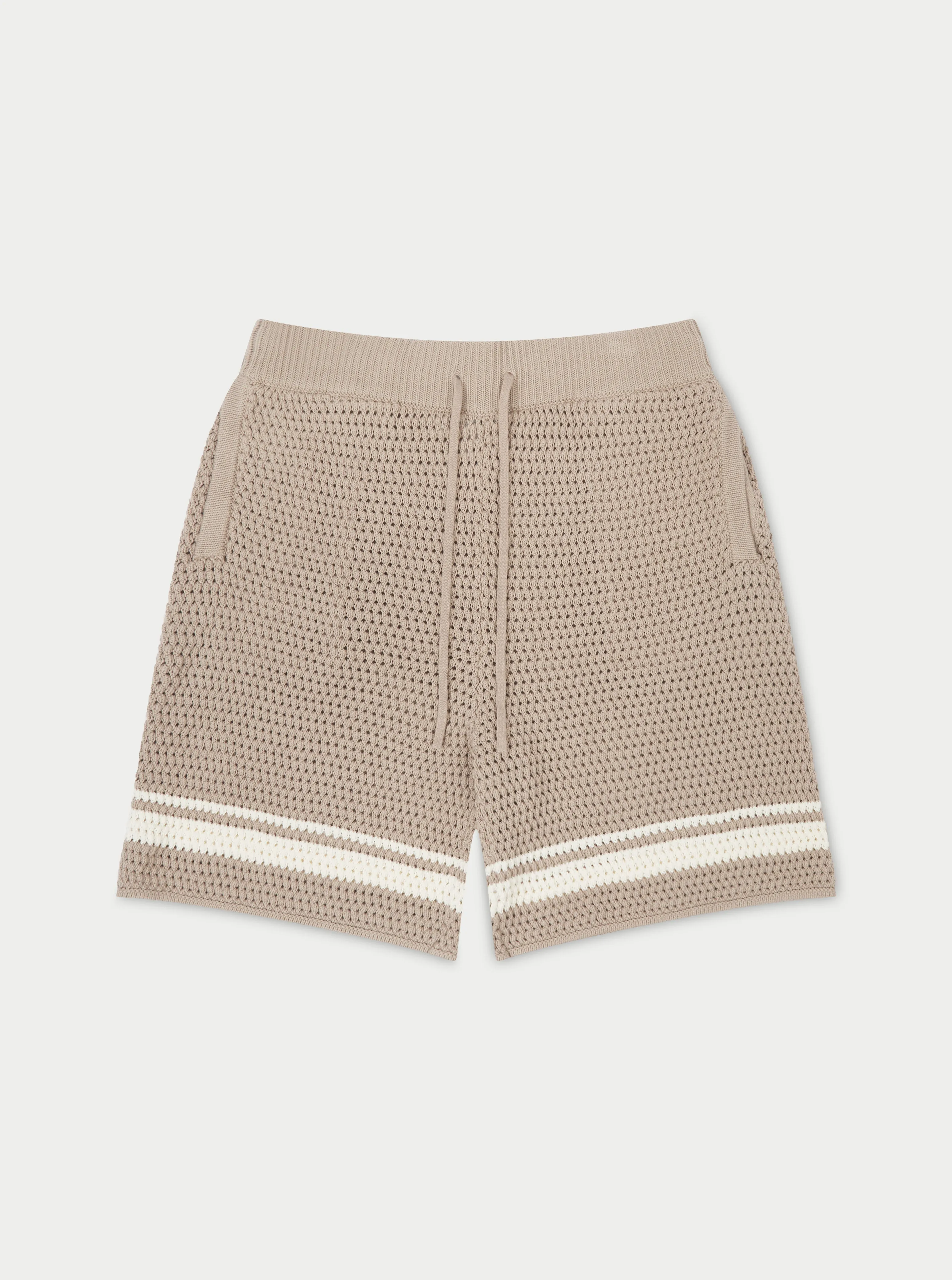 CROCHET KNITTED CONTRAST STRIPE SHORTS - BROWN