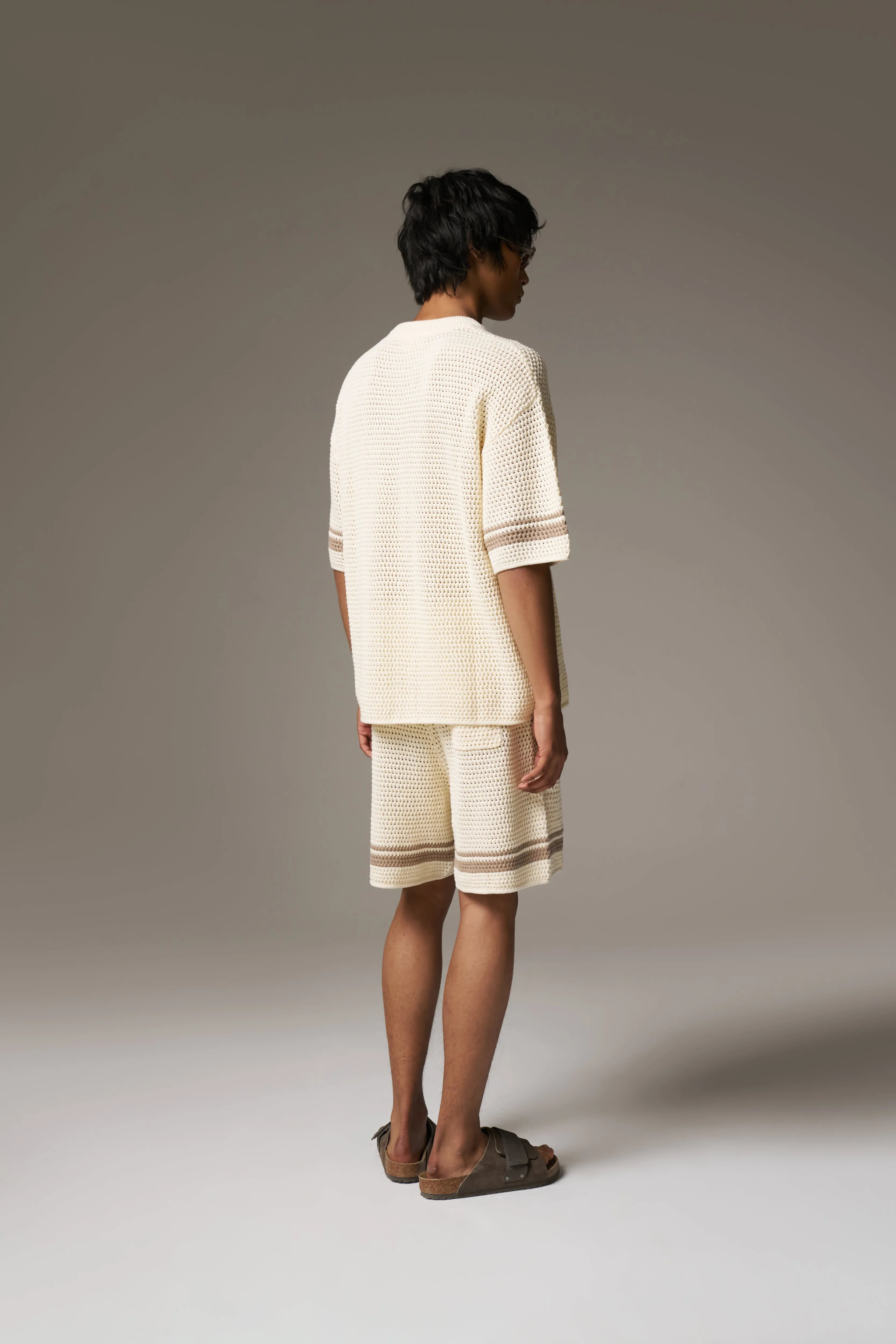 CROCHET KNITTED CONTRAST STRIPE SHORTS - OFF WHITE