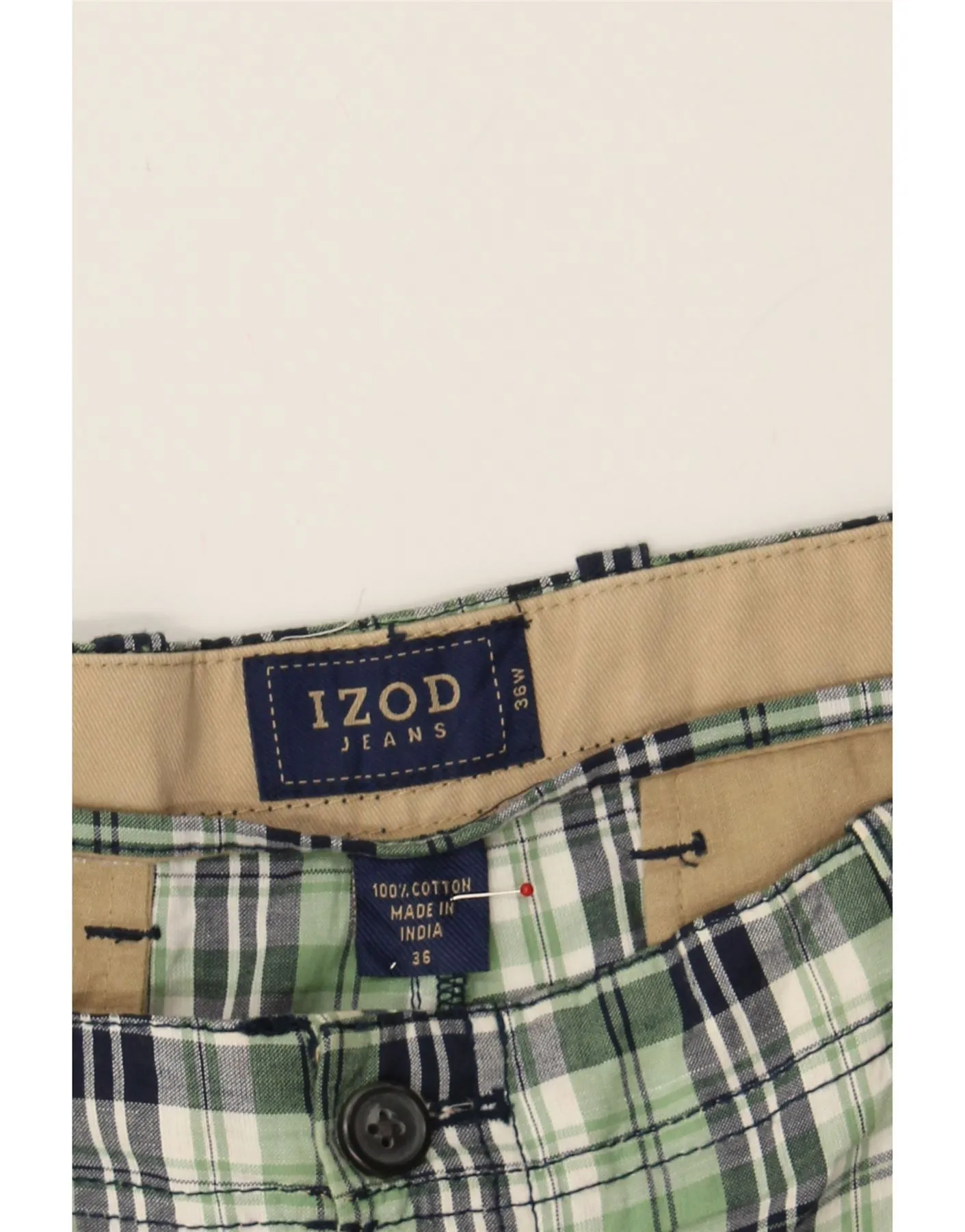 IZOD Mens Chino Shorts W36 Large Green Check Cotton