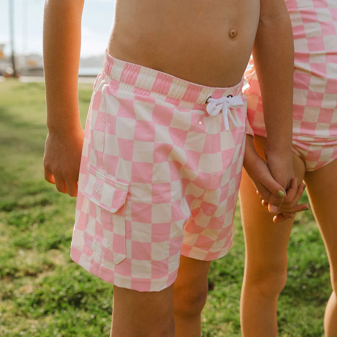 Pink Check Jr. Swim Trunks